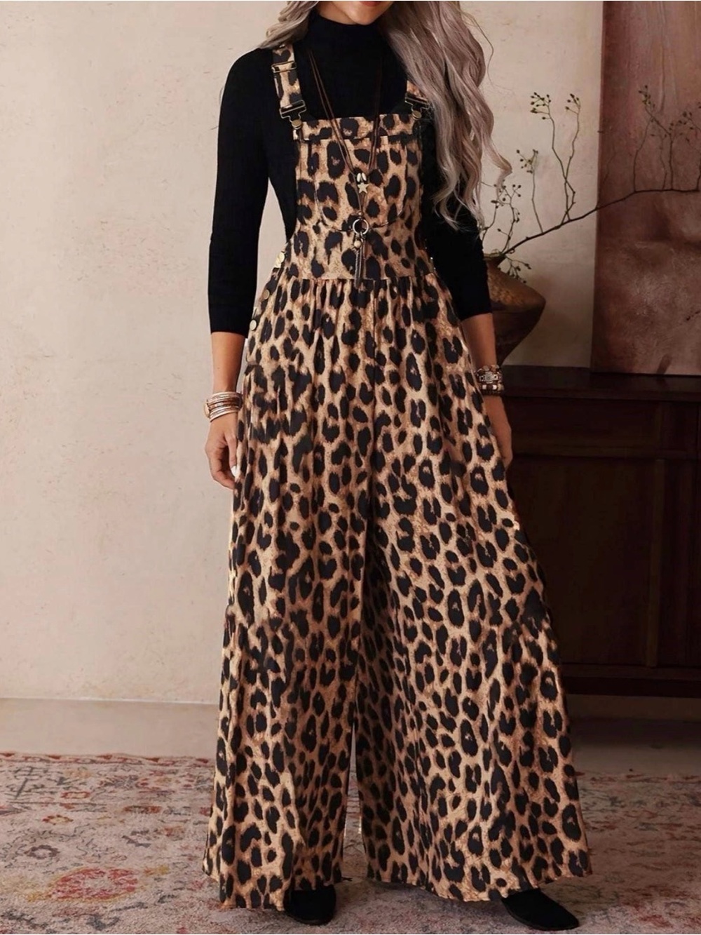 Leopard Print Wide-Leg Jumpsuit - Black & Tan